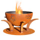 Gas fire pit bowl with raised animal engravings and visible flames inside.