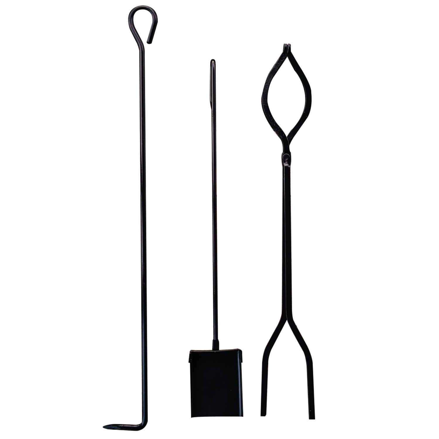 Fire pit tool set: black poker, shovel, and fork with prongs