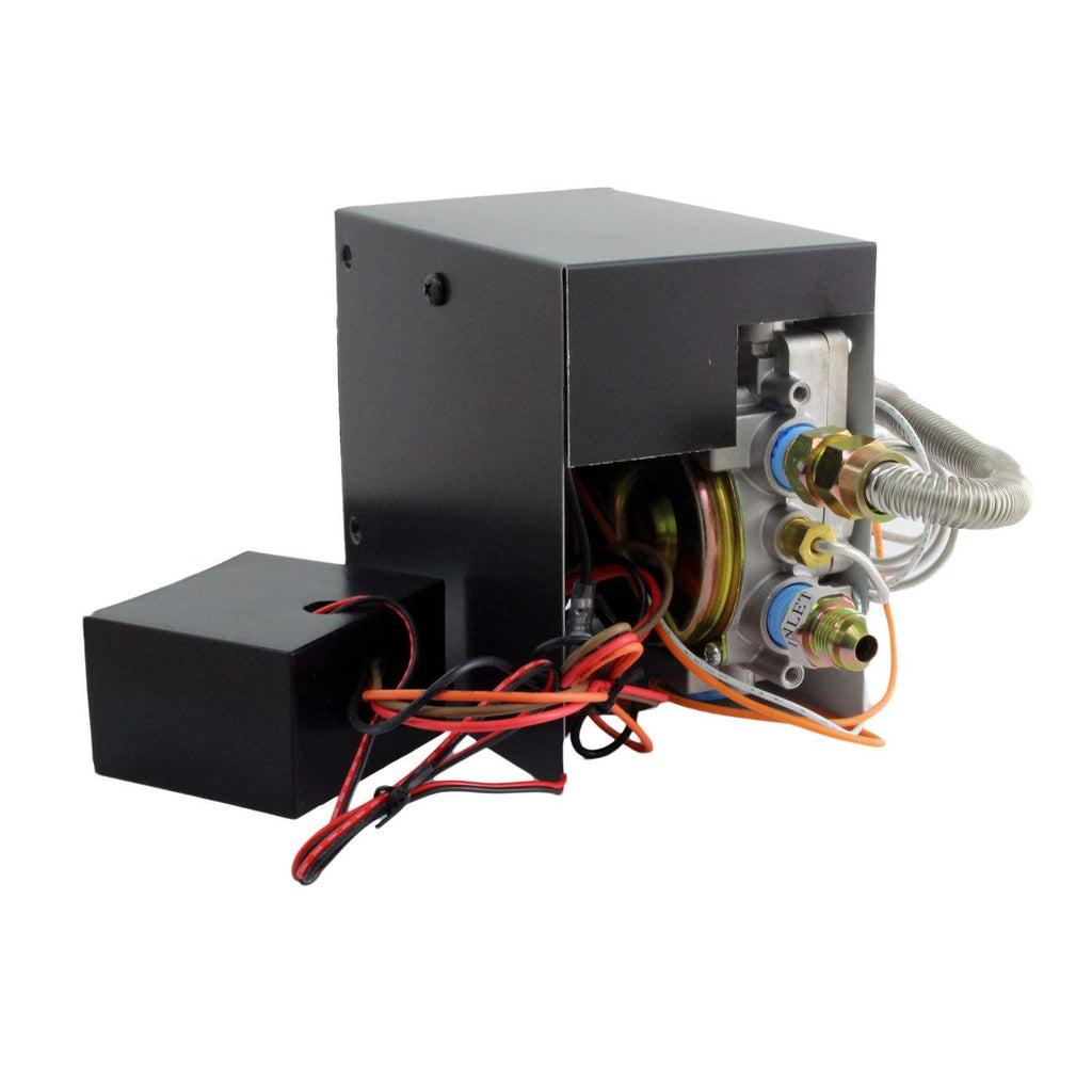 Gas valve control module with visible fittings, wiring, and bundled cables