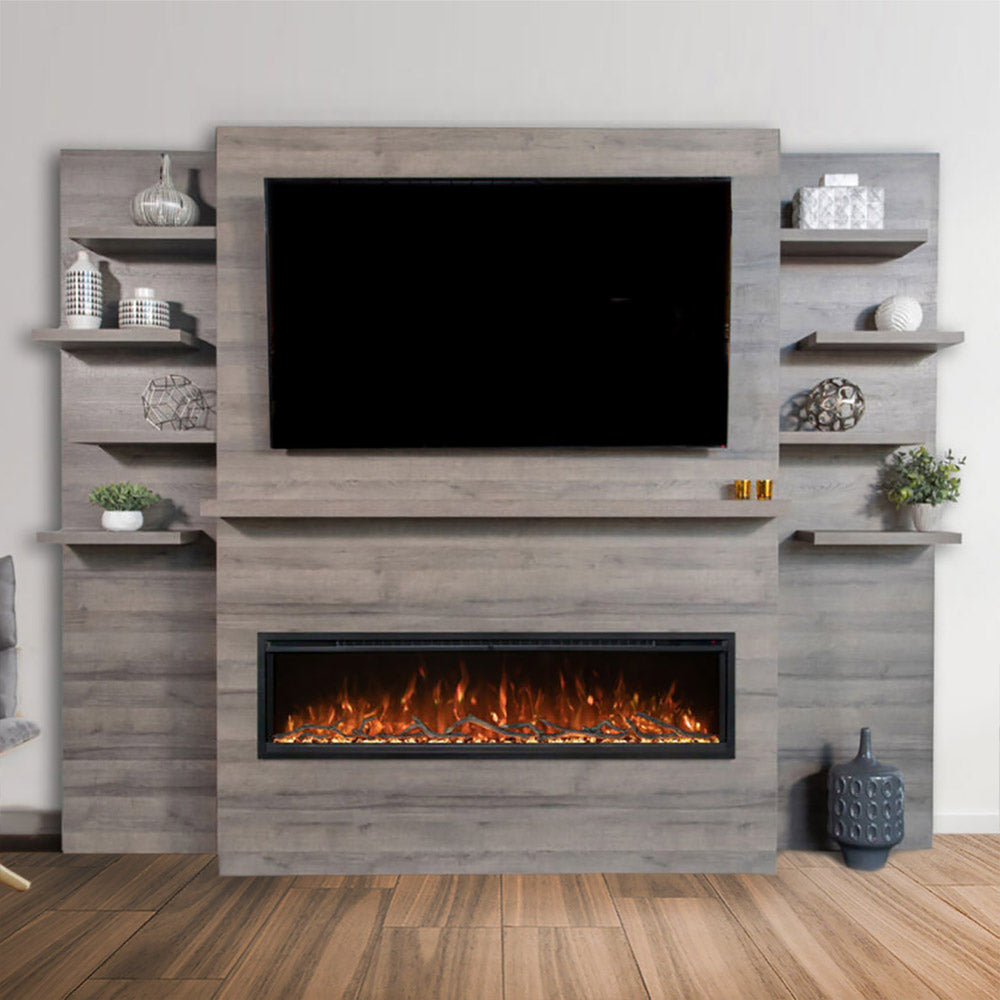 Linear electric fireplace with glass firebox and built-in shelves on wall system