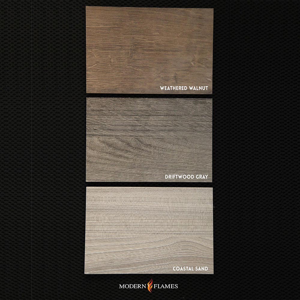 Allwood wall system color swatches: Weathered Walnut, Driftwood Gray, Coastal Sand