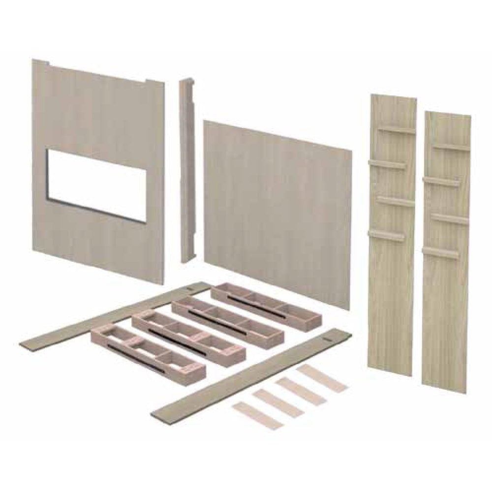 Electric fireplace wall system components with panels and shelf boards, light wood