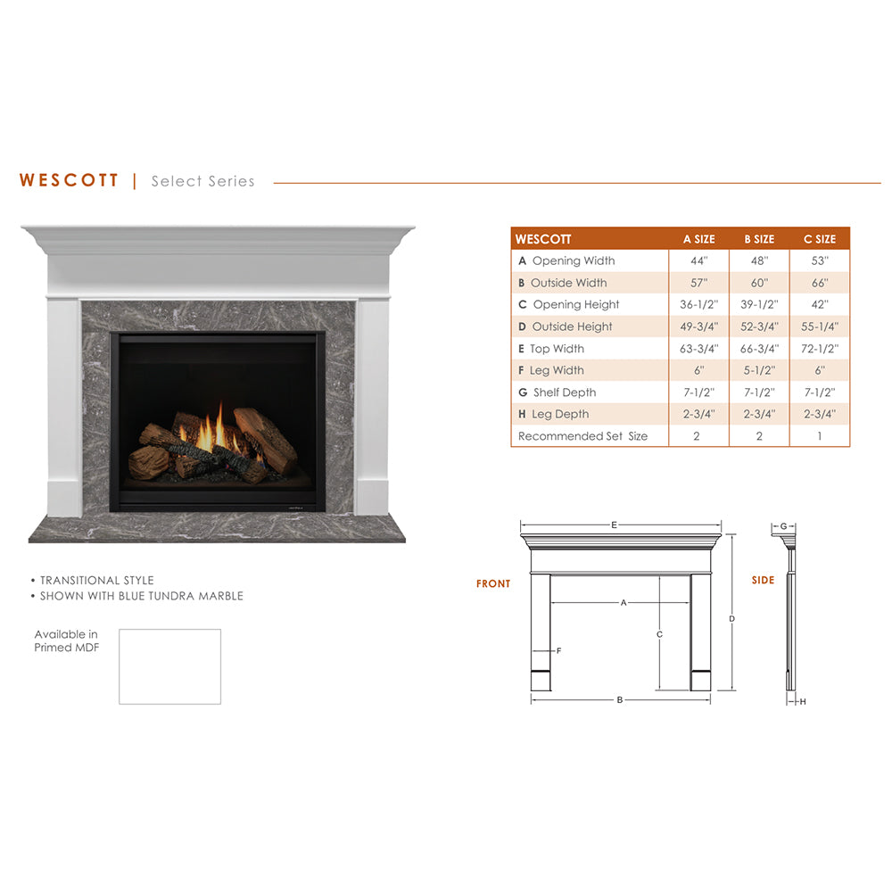 Majestic MDV3732 Direct Vent Gas Fireplace with Wescott Flush Mantel, Primed MDF Finish