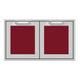 Double access doors with two square panels in red and brushed metal frames