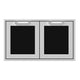 Double access doors with two square panels in black and brushed metal frames