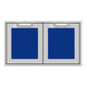 Double access doors with two square panels in dark blue and brushed metal frames
