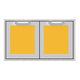 Double access doors with two square panels in yellow and brushed metal frames
