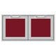 Double access doors with two square red panels in a light gray frame