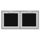 Double access doors with two square black panels in a light gray frame