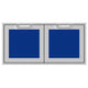 Double access doors with two square blue panels in a light gray frame