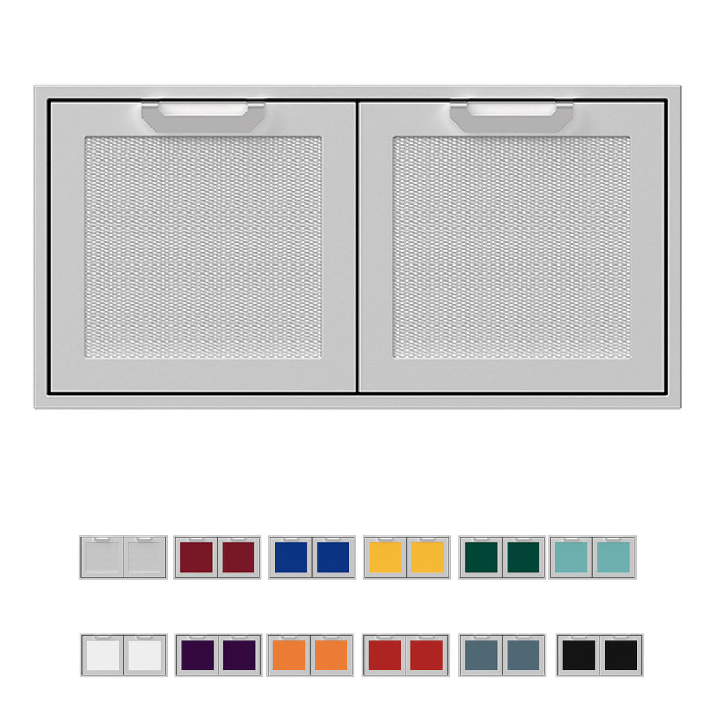 Double access doors with two square mesh windows and gray frame