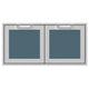 Double access doors with two square blue mesh windows and gray frame