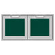 Double access doors with two square dark green mesh windows and gray frame