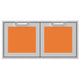 Double access doors with two square orange mesh windows and gray frame