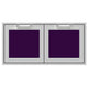 Double access doors with two square purple mesh windows and gray frame