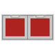 Double access doors with two square red mesh windows and gray frame