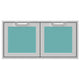 Double access doors with two square teal mesh windows and gray frame