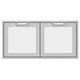 Double access doors with two square white mesh windows and gray frame