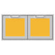 Double access doors with two square orange-yellow panels in a light gray frame