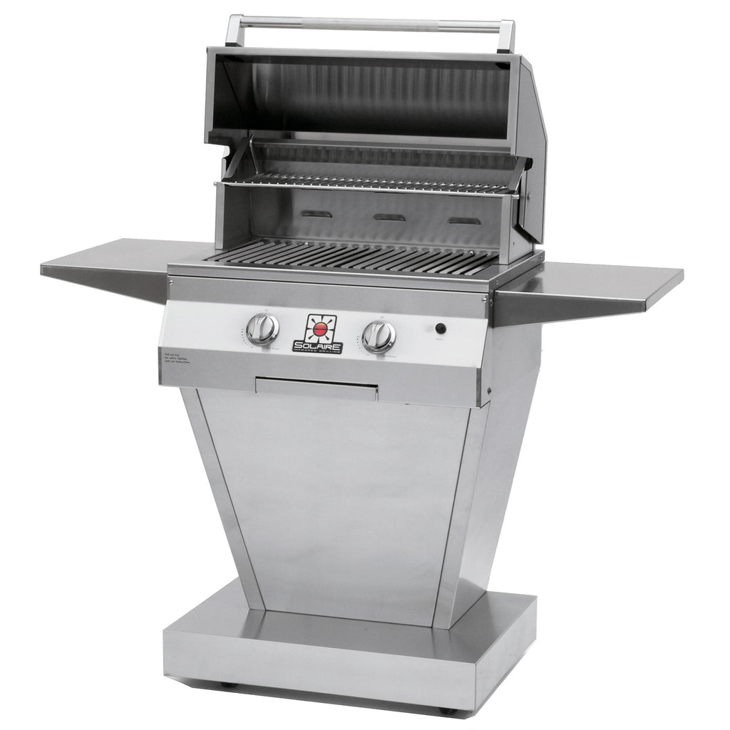 Stainless steel 27-inch pedestal gas grill with open lid and side shelves, control knobs