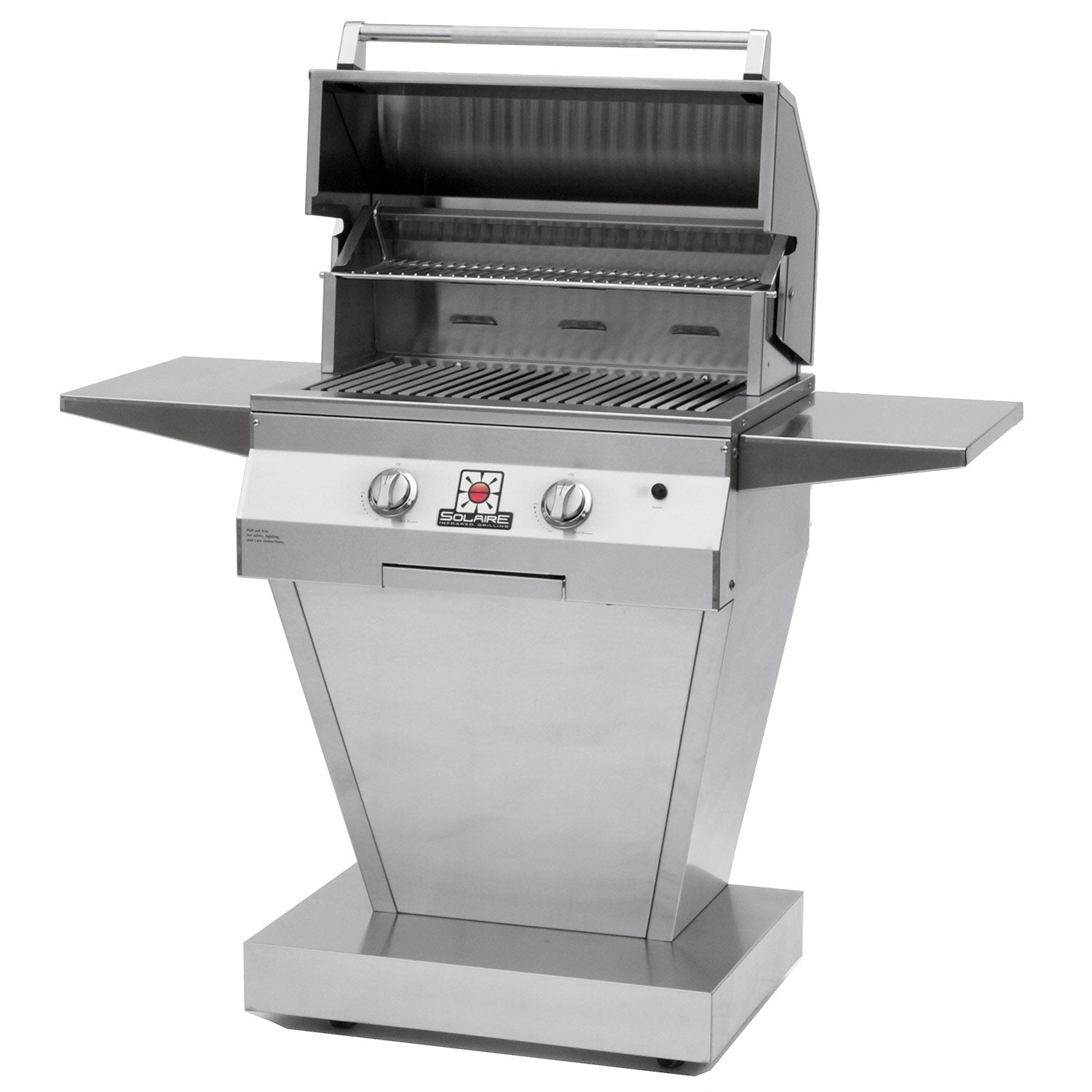 Open stainless steel grill with warming rack and cooking grates