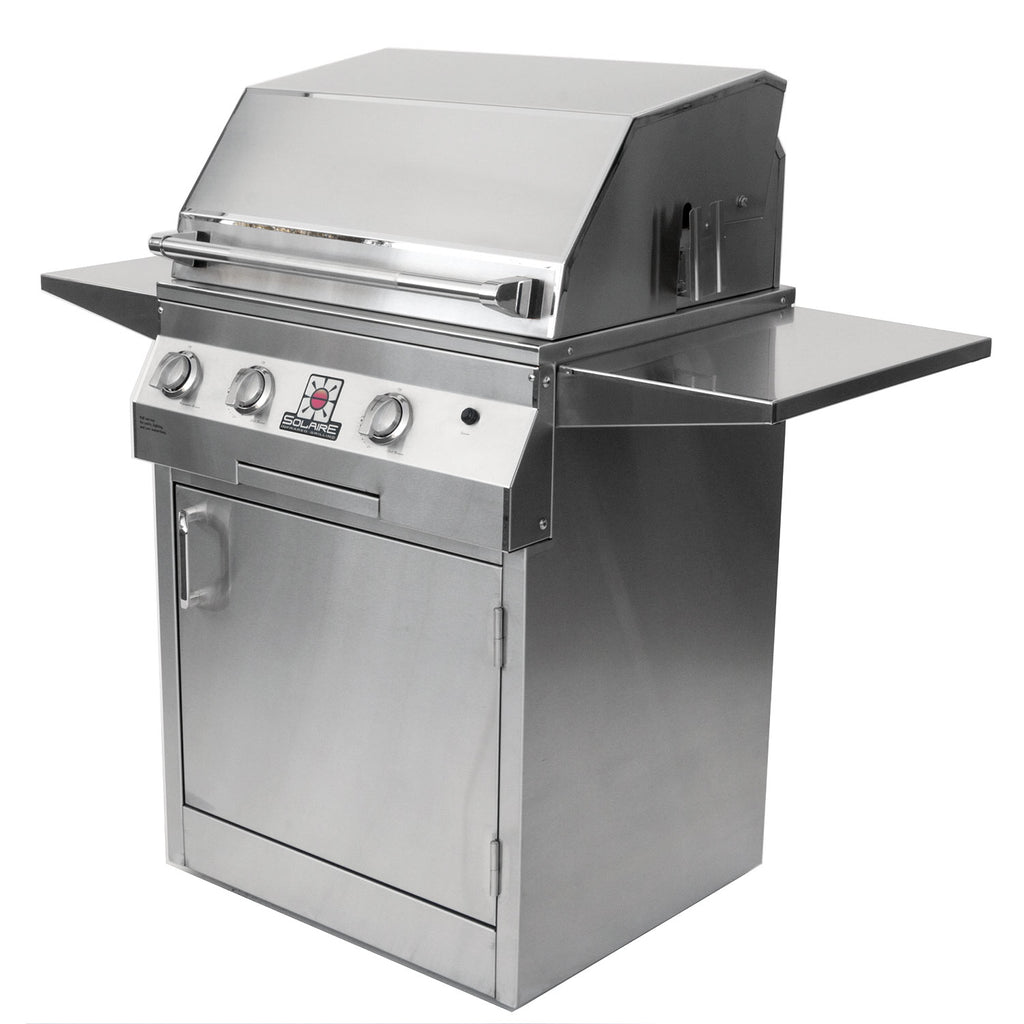 Stainless steel freestanding grill with hinged lid and control knobs