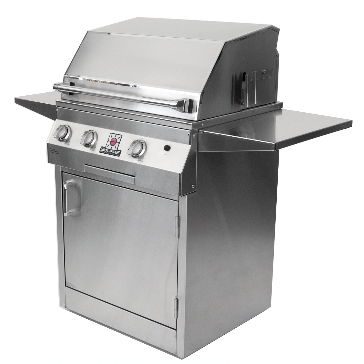 Stainless steel freestanding grill with hinged lid and control knobs