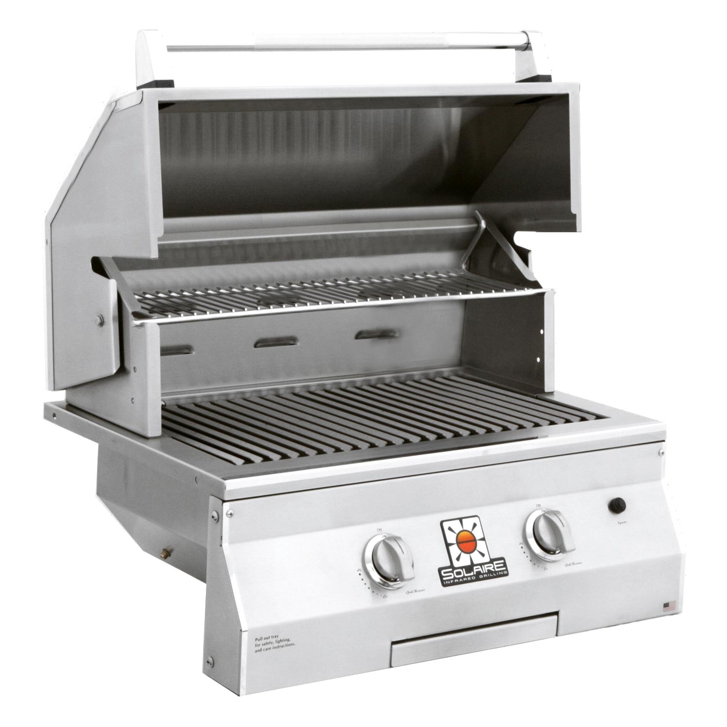 Built-in gas grill with open hood, stainless interior, and striped cooking grates