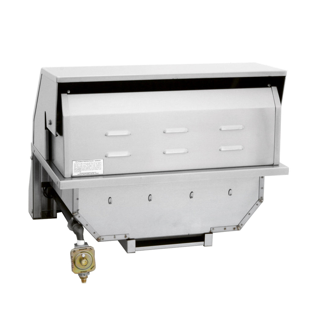 Built-in gas grill with open back panel and visible regulator valve connection