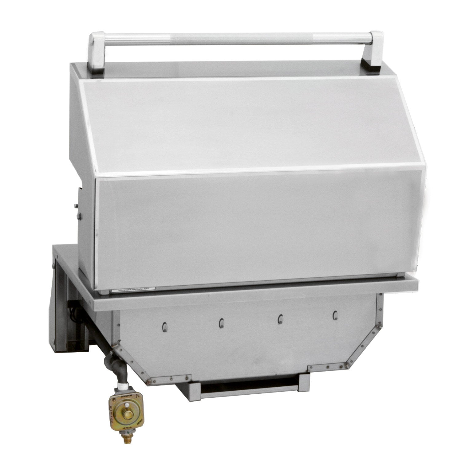Built-in gas grill with open hood and front control panel on stainless housing