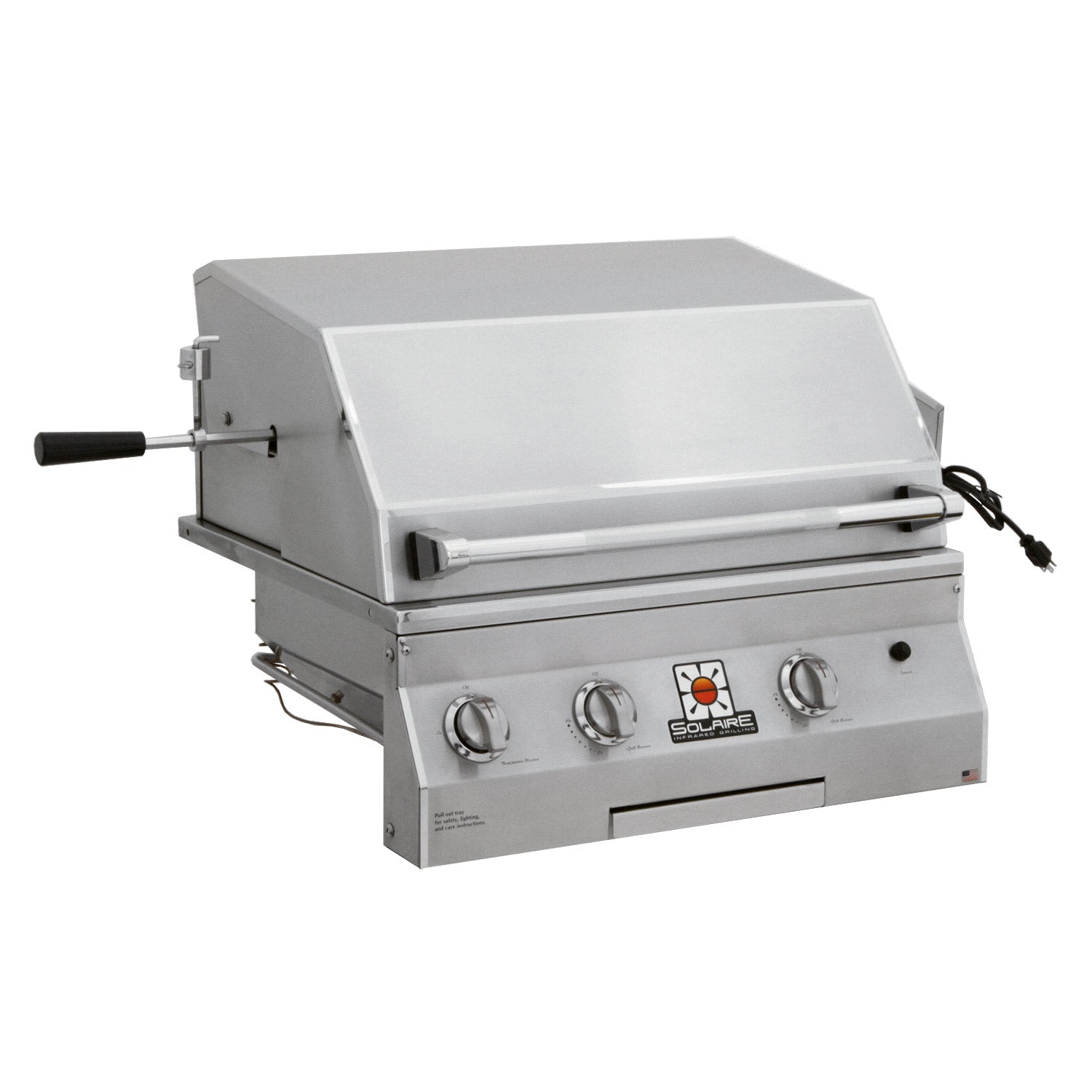 Solaire built-in gas grill with rotisserie, closed lid and control knobs