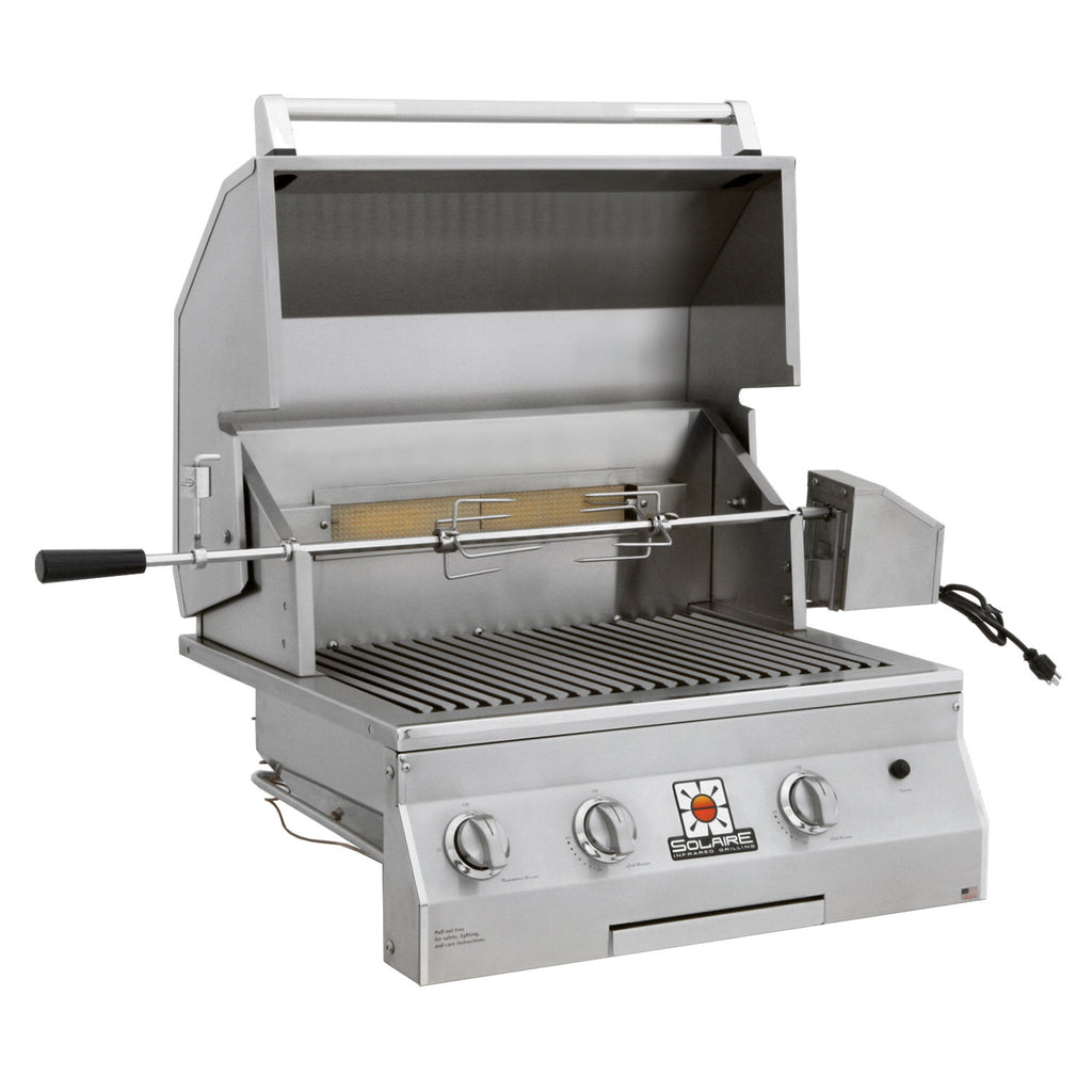 Solaire built-in gas grill with rotisserie, open hood and stainless grates