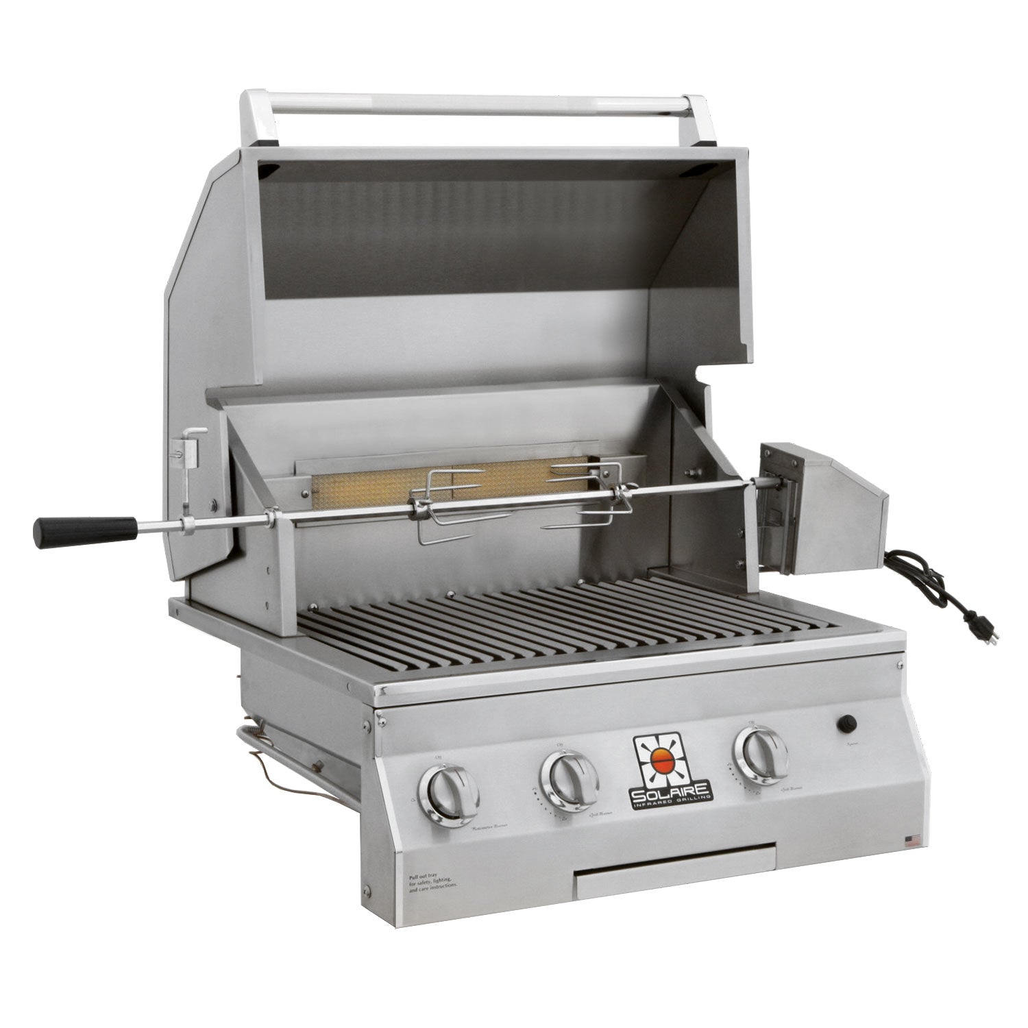 Solaire built-in gas grill with rotisserie, open hood and stainless grates