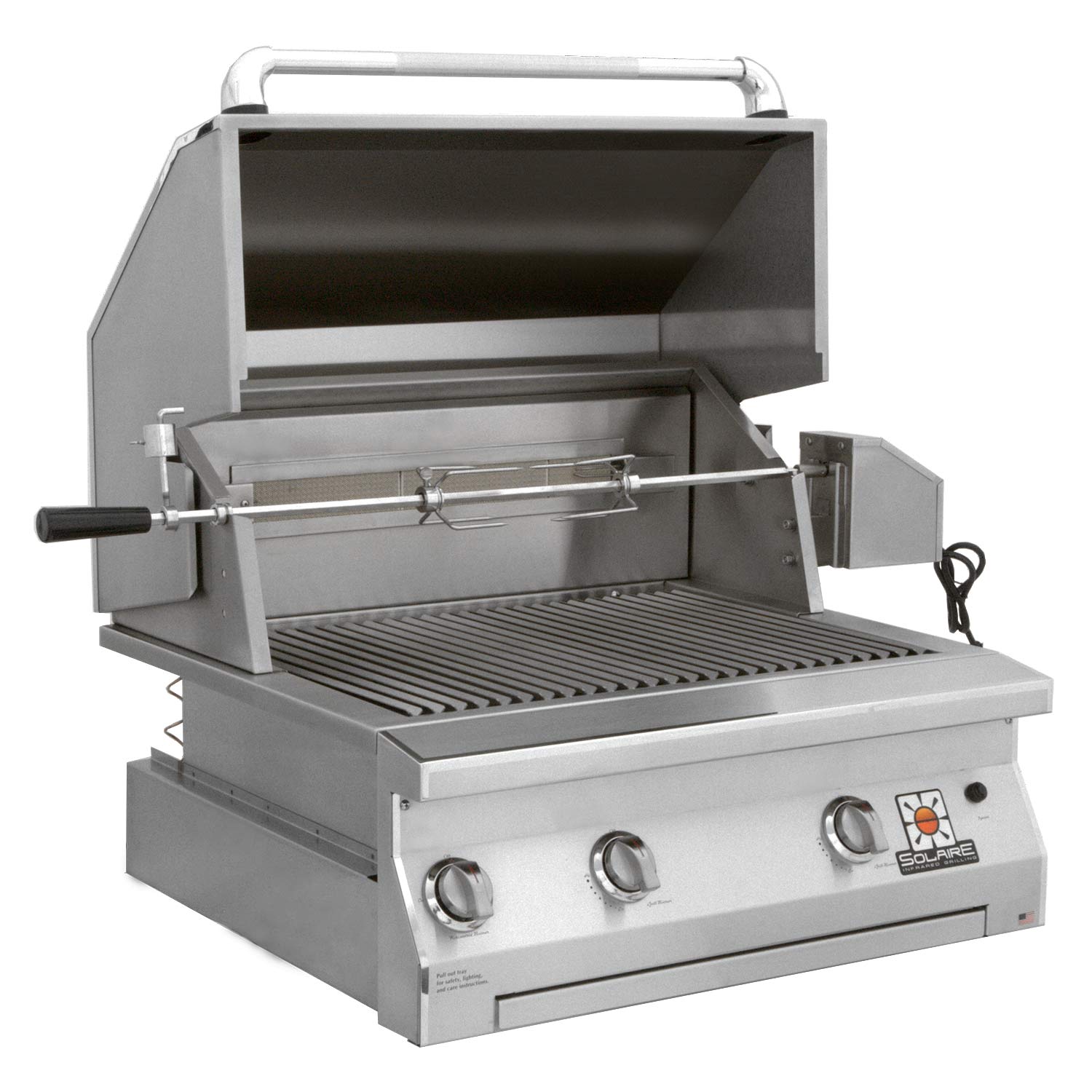 Stainless built-in gas grill with open lid, rotisserie rod, and cooking grate