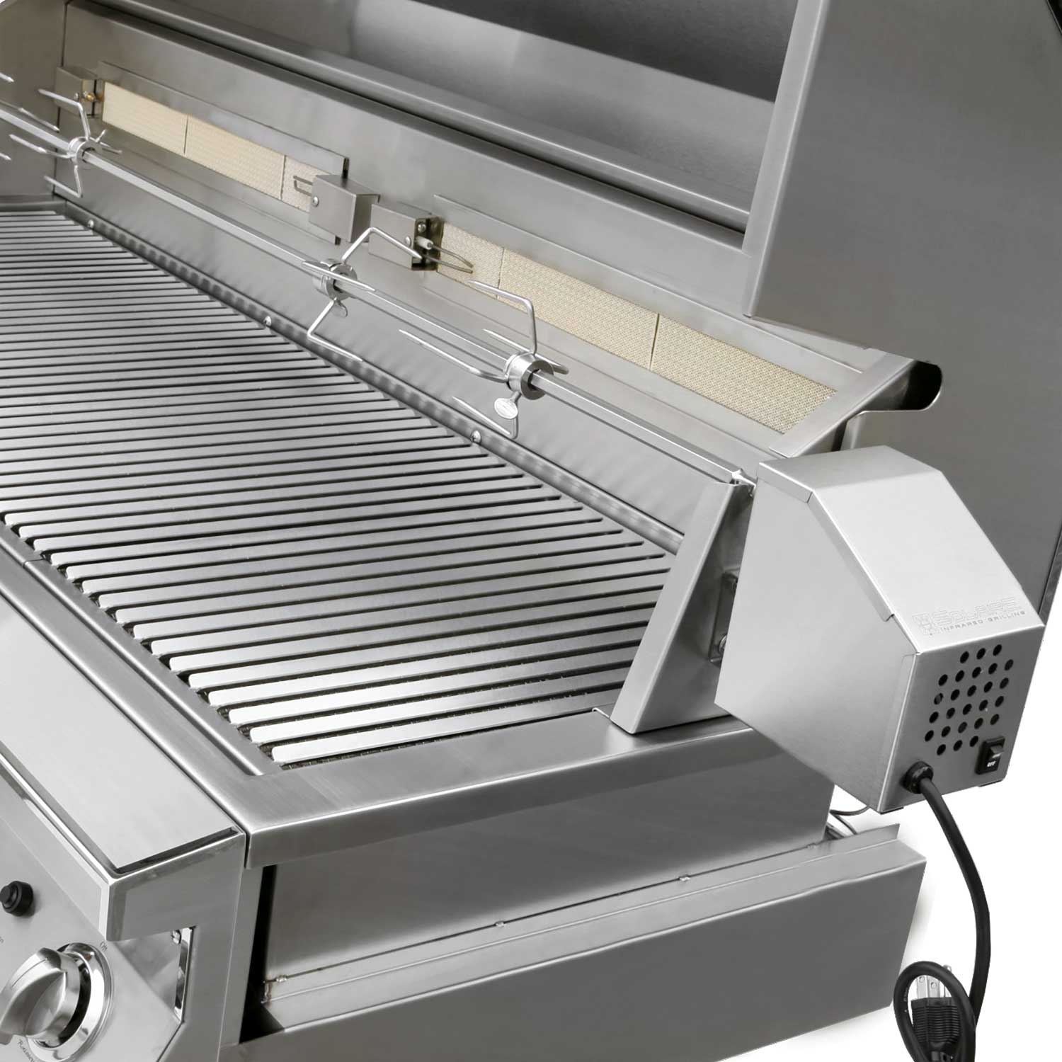Stainless steel grill with open lid, grates, and side warming racks above burners