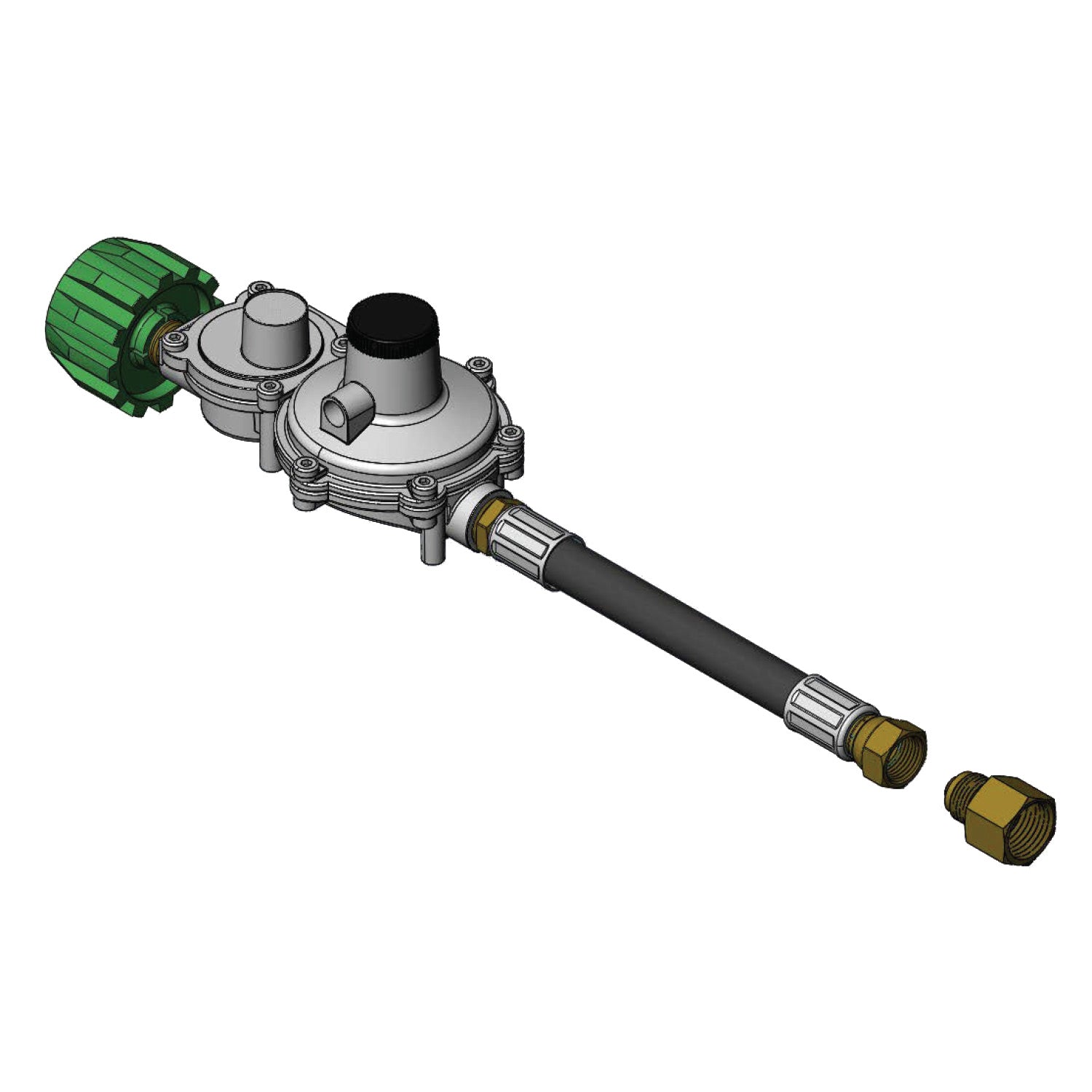 Propane gas conversion kit with regulator valve and black hose fittings