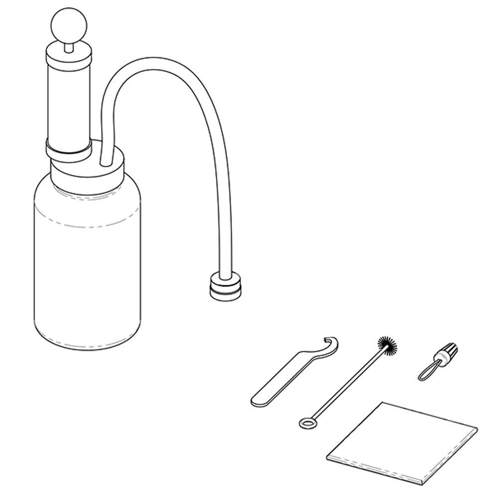 Beer dispenser flush kit with tap sprayer and included cleaning tools, brush, and pad.