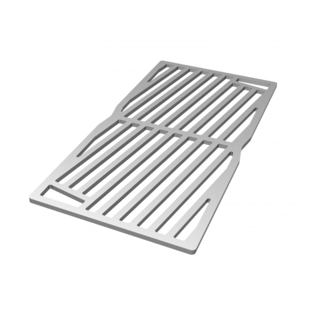 Stainless steel grill grate with parallel bars and cutout slots in a square frame