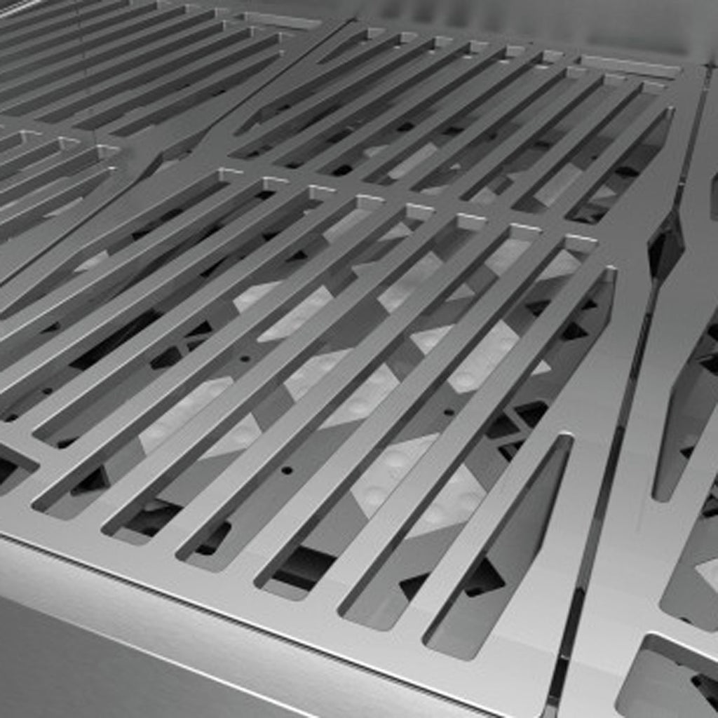 Close-up of gray metal grill grate with long parallel bars and slots