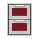Hestan double storage drawers with two red cabinet drawers and silver pull handles