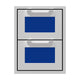 Hestan double storage drawers with two blue cabinet drawers and silver pull handles