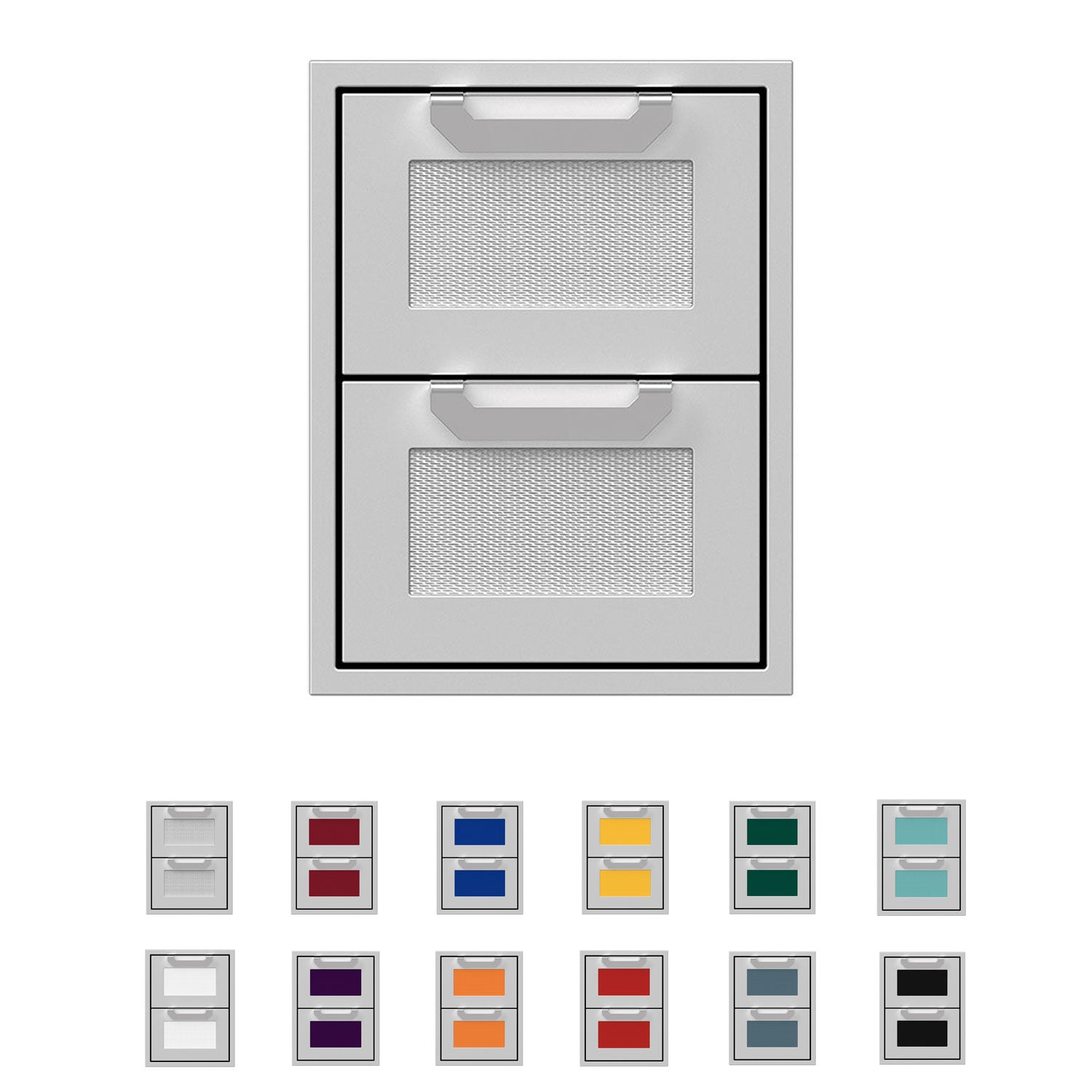 Double storage drawers with two mesh-front drawers, light gray finish and open compartments