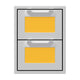 Hestan double storage drawers with two yellow cabinet drawers and silver pull handles