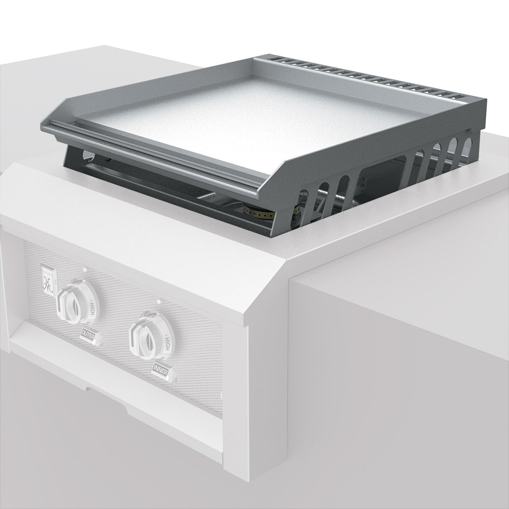Hestan stainless steel griddle for power burner with raised side rails and vented sides