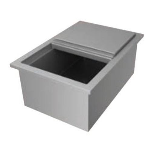 Insulated ice bin with gray lid, rectangular design and open top