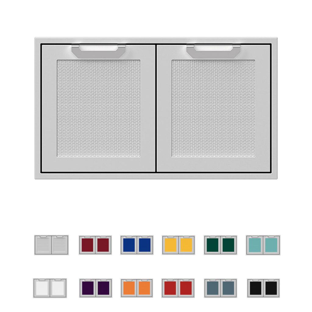 Double sealed pantry storage doors with two mesh panels in a light gray metal frame