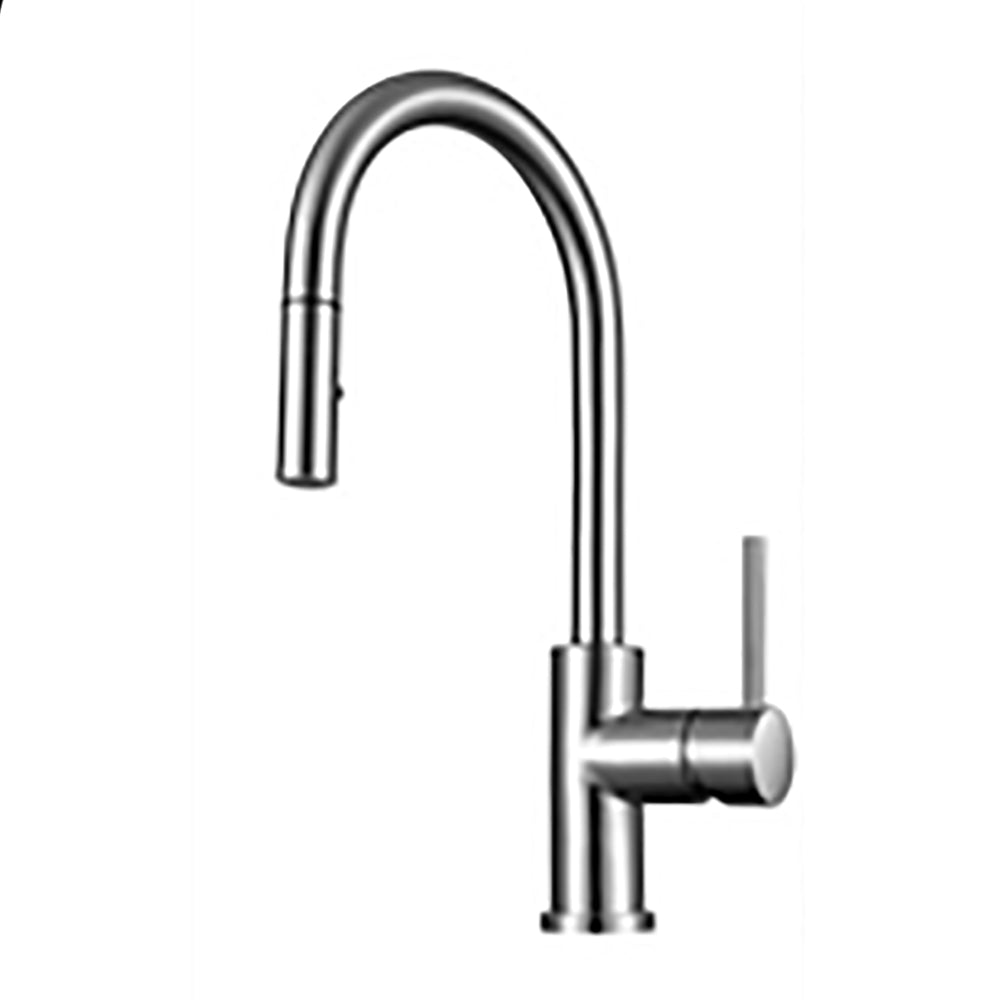 Hestan outdoor faucet with curved gooseneck and side lever handle, chrome finish.