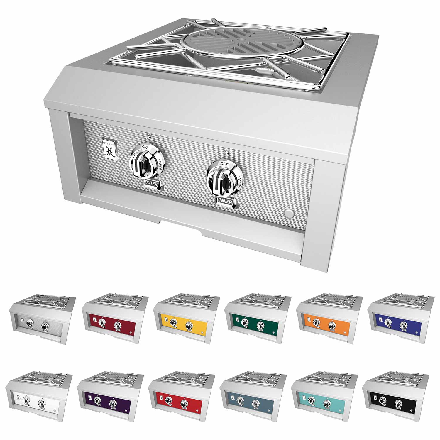 Built-in power burner with stainless steel body and dual control knobs, open grate top.