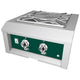 Built-in power burner with green front panel, stainless frame, and dual control knobs.