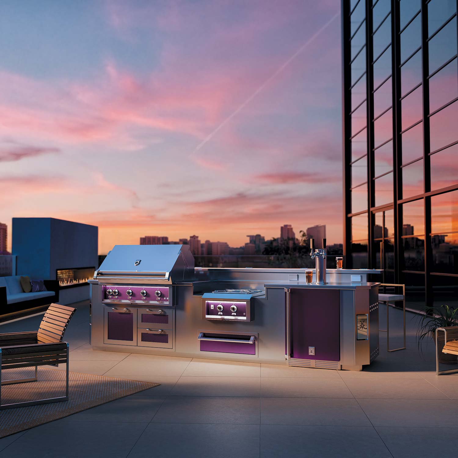 Built-in power burner with stainless body and purple front control panel, gas grate top.